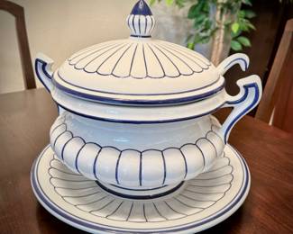 Blue & white covered soup tureen with platter and ladle from Portugal