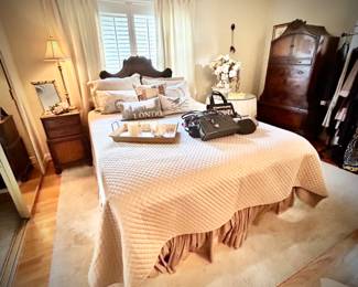 Antique flame mahogany & burl bedroom set - queen bed, bedside stand, dresser & mirror, and highboy (bed includes mattresses)