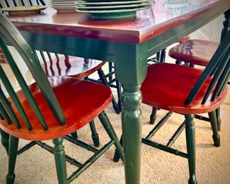 Green dining table and 6 chairs
