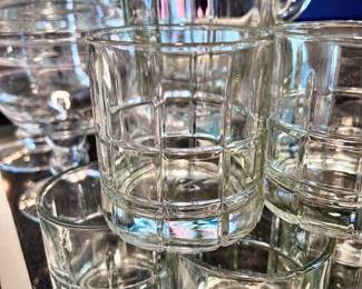 Set of vintage Anchor Hocking "Tartan Plaid" double old fashioned rocks glasses and pitcher 