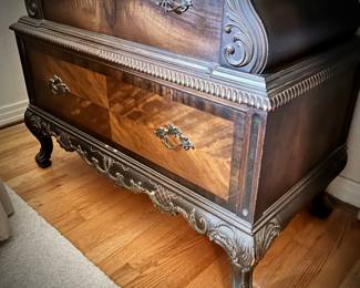 Antique flame mahogany & burl bedroom set - queen bed, bedside stand, dresser & mirror, and highboy
