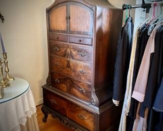 Antique flame mahogany & burl bedroom set - queen bed, bedside stand, dresser & mirror, and highboy