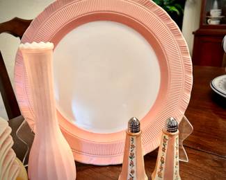 Vintage pink & white server with pink vase and hand-painted pink salt & pepper shakers