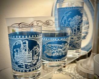 Blue Currier & Ives china set - 170+ pieces, plus multiple serving pieces, glassware, butter dish, cream & sugar, handled platters, dinner plates, lunch plates, bowls, coffee cups & saucers