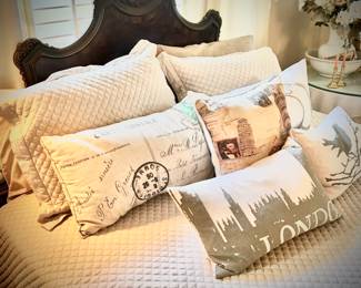 Antique flame mahogany & burl bedroom set - queen bed, bedside stand, dresser & mirror, and highboy