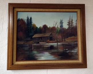 Cabin In The Woods Oil Painting, Signed By Artist, 21" x 25.5" 