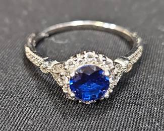 Ladies Sterling Silver And Rhinestone Ring With Sapphire Blue Center Stone, Size 11, And Sterling Silver Colored Rhinestone Ring, Size 8.5 