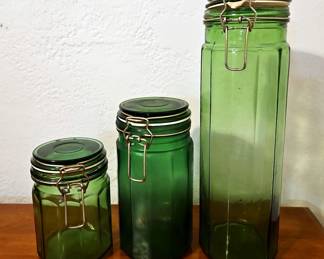 Green Glass Locking Cannisters, Qty 3, 13", 8" and 6" Tall 