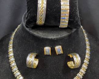 Napier Silver And Gold Toned Book Chain Necklace (Stamped At Clasp) With Matching Elastic Bracelet And Earrings And Silver And Gold Toned Cuff Bracelet With Matching Earrings 