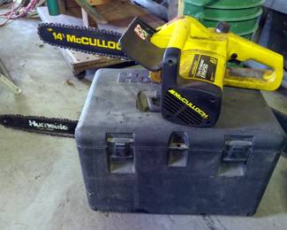 Homelite Ranger Gas Powered 33cc Chainsaw With 15.5" Bar, In Hard Sided Carry Case, Untested And McCulloch EM250 Electric Chainsaw With 14" Bar, Powers On 