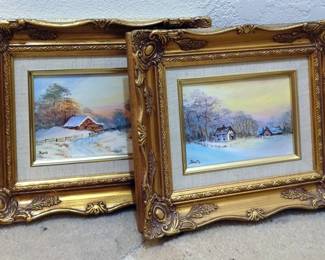 Winter Scenes Oil Painting On Canvas, Signed Boots, Framed And Matted, 13.5" x 10.5", Qty 2 