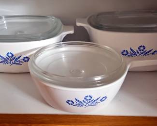 Corning Ware Cornflower Lidded Casseroles, Qty 3, 8" x 12" Baking Pan, And Pyrax Rectangular Baking Dishes, Qty 3