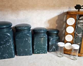 TurnStyle Spice Rack With Extra Spice Jars, And Ceramic 4-Piece Cannister Set