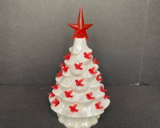White ceramic Christmas tree red cardinals 