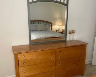 8 drawer long dresser with metal & wood attached  mirror 