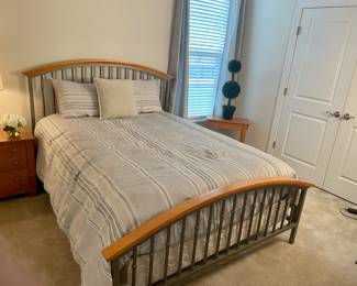 Wood and metal modern style queen bed. Headboard, footboard, Serta mattress, box spring. 