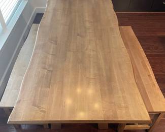 Vaughn Bassett crafted live edge top wood dining table and 2 benches 
Natural maple 