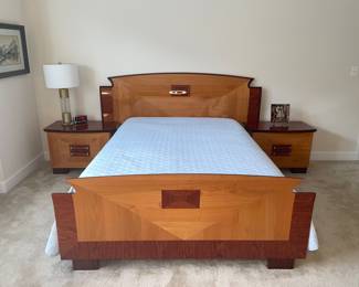 Italian design Alf group lacquered inlay wood  queen bed. Attached headboard, footboard and 2 side tables 