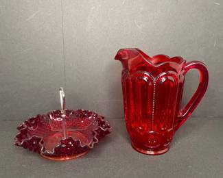 Fenton red glass hobnail candy dish and water pitcher 