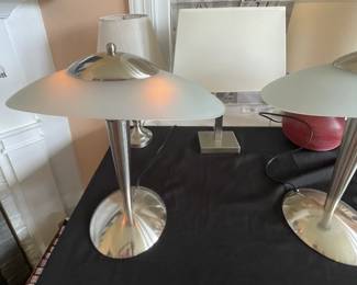 Pair of vintage art deco chrome glass lamps.