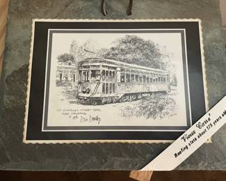 1976 artist Don Davey St. Charles Street Car NOLA pencil sketch matted and framed on slate.