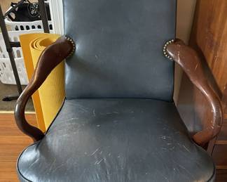 Hancock & Moore Queen Anne style blue leather armchair.