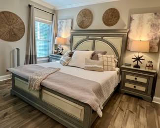 King size bed with distressed grey and white base and matching nightstand and dressers