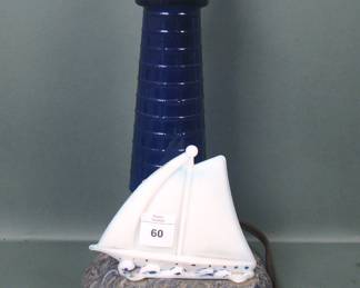 ART DECO LIGHTHOUSE LAMP WITH SAILING SHIP