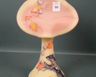 FENTON BURMESE DECORATED VASE. ARTIST SIGNED