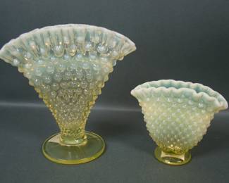 PAIR OF VINTAGE FENTON  TOPAZ OPAL HOBNAIL VASES. THEY GLOW!