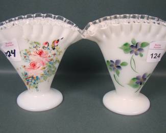 TWO FENTON MINIATURE DECORATED SILVER CREST FAN VASES