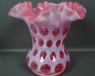 1940's Fenton Cranberry Opal Coin Dot Vase