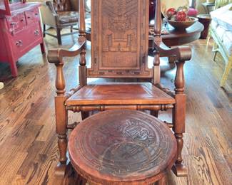 Peruvian leather-covered rocking chair and stool