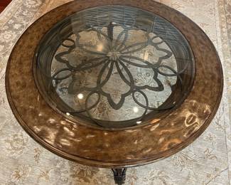 Very Large Coffee table 55" diameter, 23" tall.  Wood and Wrought Iron