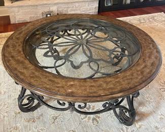 Very Large Coffee table 55" diameter, 23" tall.  Wood and Wrought Iron