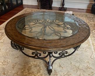 Very Large Coffee table 55" diameter, 23" tall.  Wood and Wrought Iron