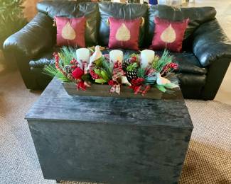 Black Leather Sofa, Trunk, Decorator Pillows, Holiday Decor