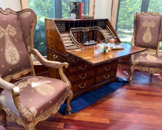 Theodore Alexander, desk  drop front desk.  Century, Grand style arm chairs 