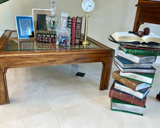 Coffee Table, w, brass corners, Leather bound books, Stacked Book Side Table, Decanters