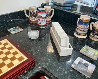 Budweiser Beer Mugs, Chess Boards, Game Boards, Large Domino Set 