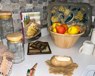 Tole Painted Tray, Wood Carved bowls, 