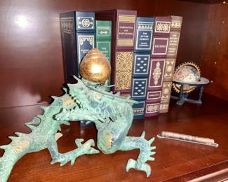 Leather bound books, home decor, Wildwwod , cast Iron Dragon