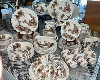 1950s , The Old Mill, Hand Colored on Brown Transferware Plate,  by Johnson Bros.