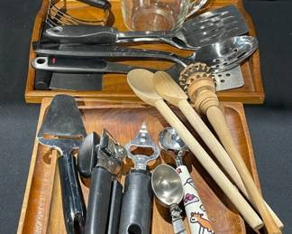 Assortment Of Cooking Utensils With Wooden Trays