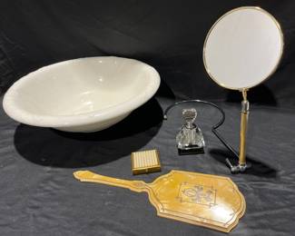 MCM Adjustable Table Mirror, Ponzini Perfume Bottle, Dupont Celluloid Mirror, Dorset Compact