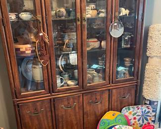 Drexel China cabinet, pottery, picnic items