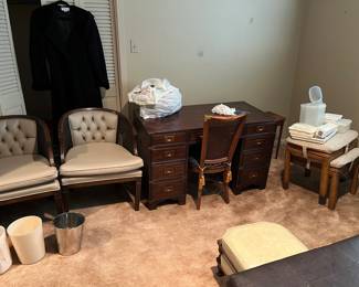 Drexel desk, vintage chairs, miscellaneous furniture 