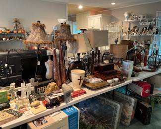 Lamps, lamp shades, table top decor, wood items, floral & greenery ,  vases, stone oil lamp, colorful wire items, small TV