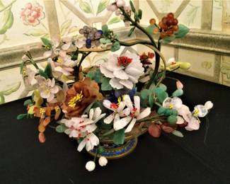   Chinese Cloisonne and Semi Precious Stone Flower Basket