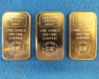 Lot 177. Three one ounce .999 fine copper bars